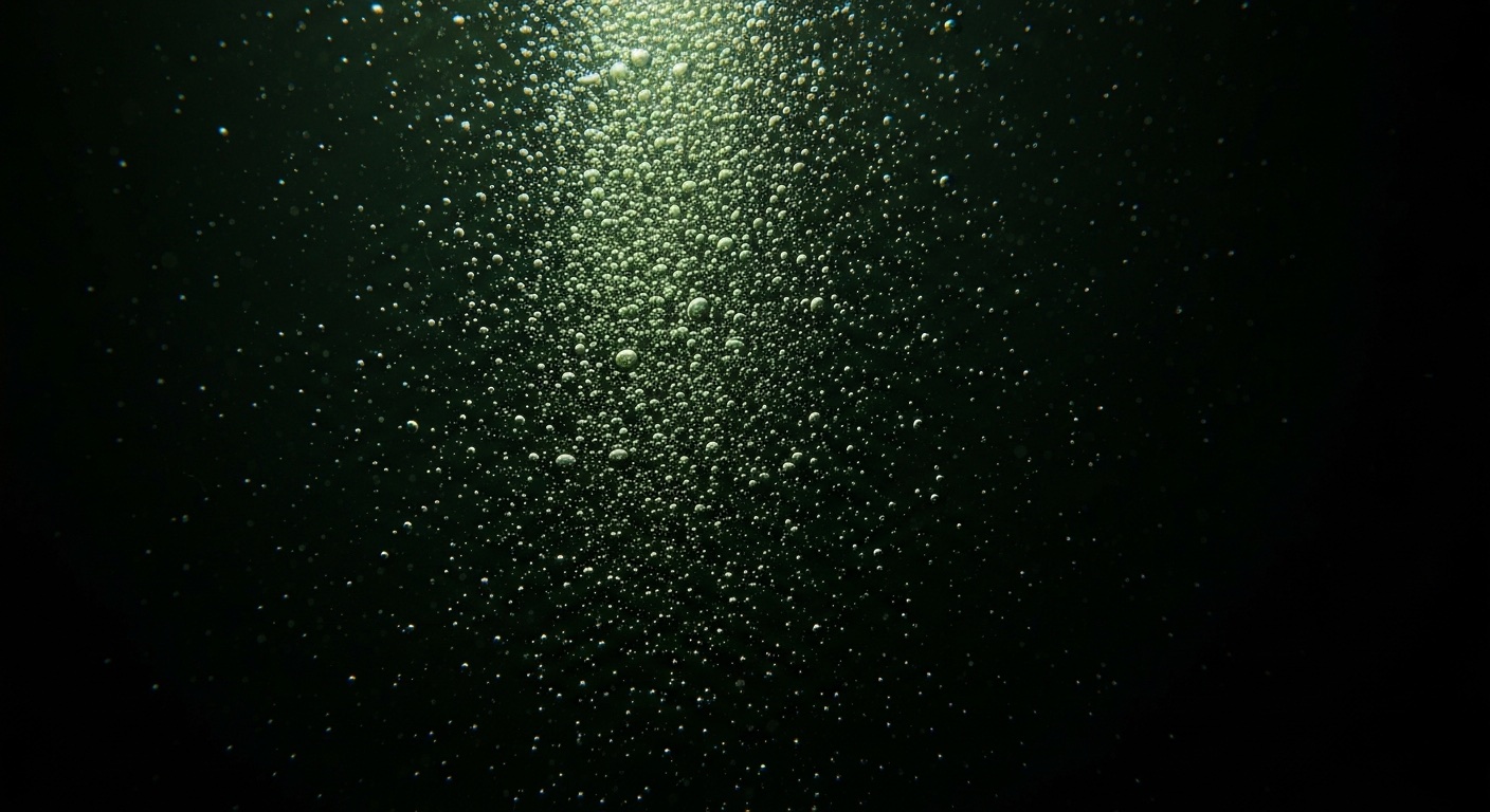 Fine carbonation bubbles rising through pale green tea