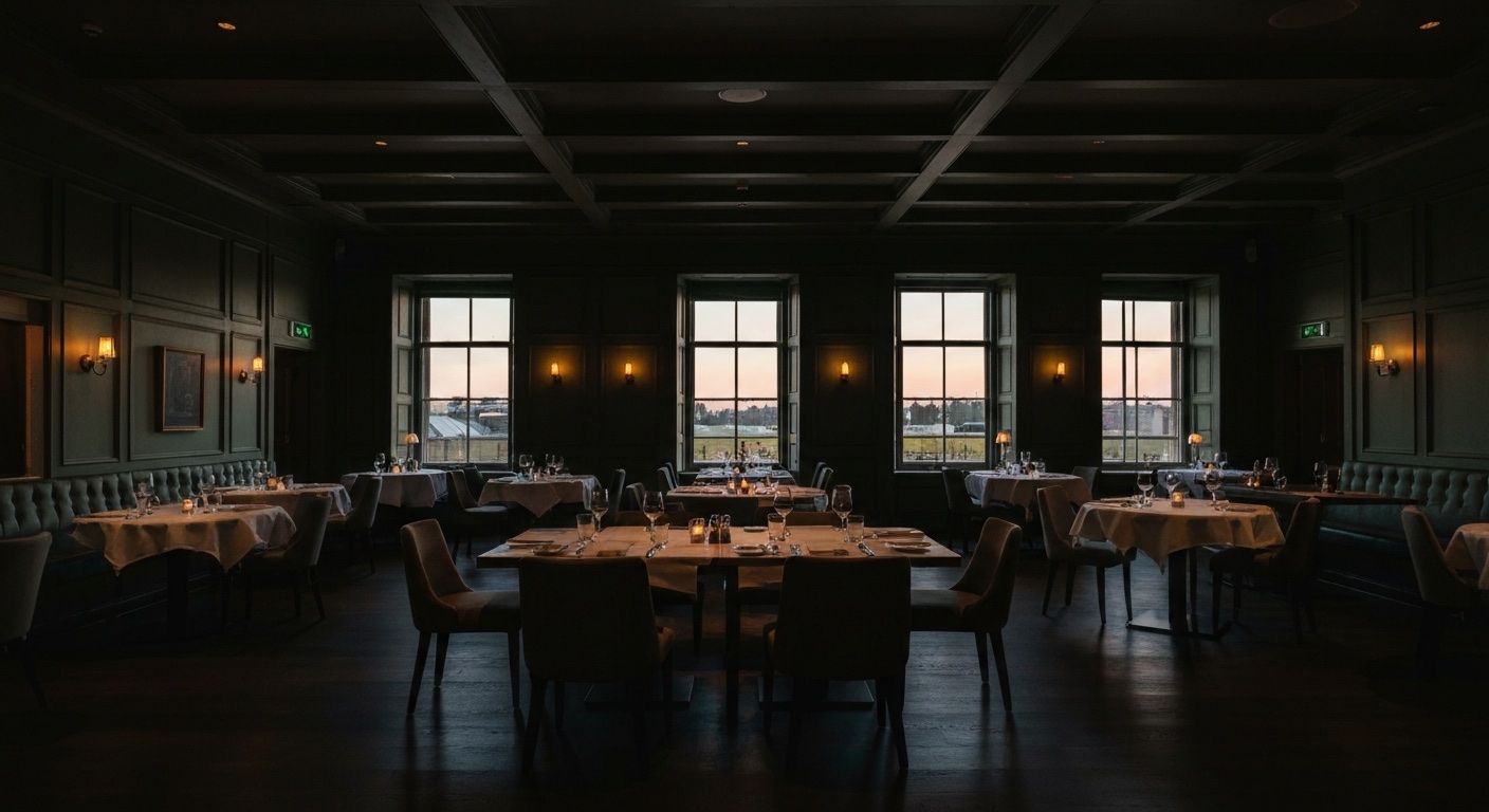 An upscale hotel dining room at dusk, tables set